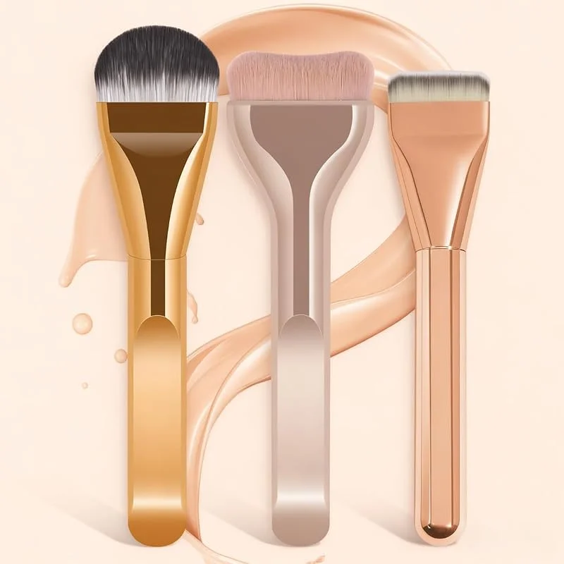 Lot de 3 pinceaux à fond de teint, plats, en forme de langue et de croissant pour liquide, poudre