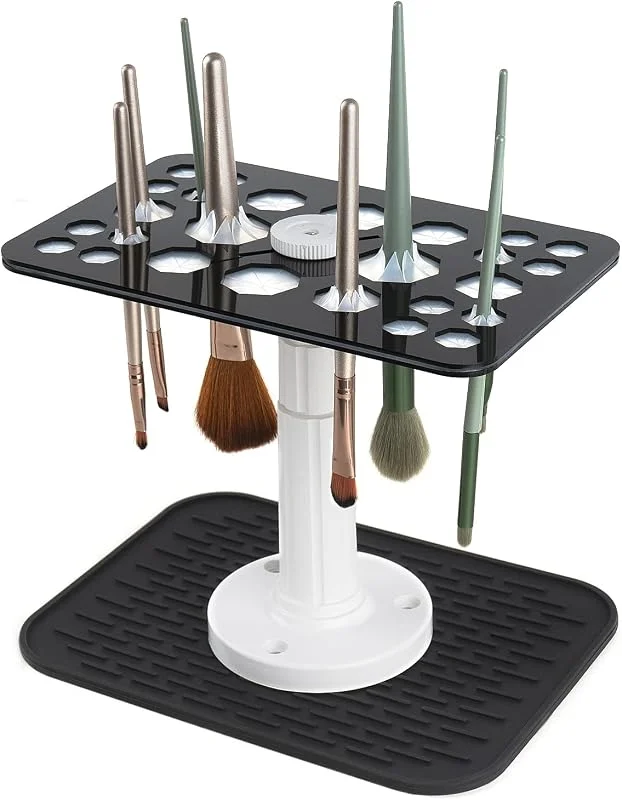 Séchoir à pinceaux de maquillage avec tapis en silicone, support à 26 trous en acrylique, support