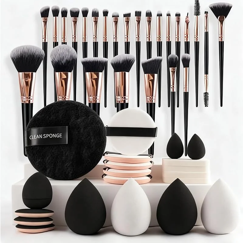 Lot de 45 pinceaux de maquillage professionnels avec éponges de maquillage et houppettes à poudre