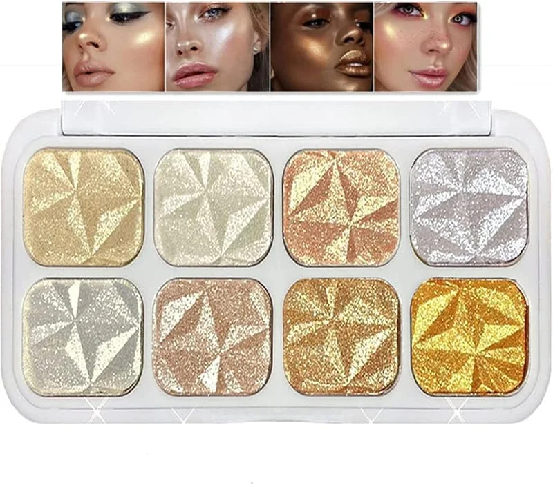 Palettes de maquillage de surligneur de 8 couleurs, illuminateur de corps de visage scintillant de