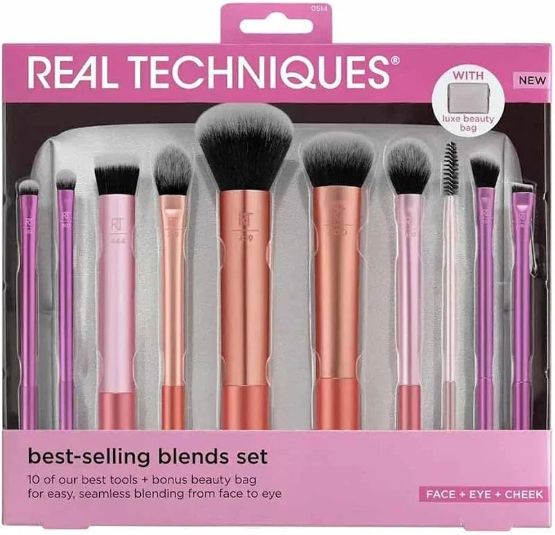 Real Techniques Blends Set, 10-Piece Makeup Brush Collection with Beauty Bag for Face — Maquillage