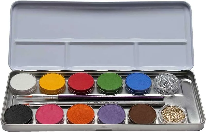 Eulenspiegel 212202 - Maquillage aqua professionnel, 10 couleurs, 2 paillettes, 2 pinceaux