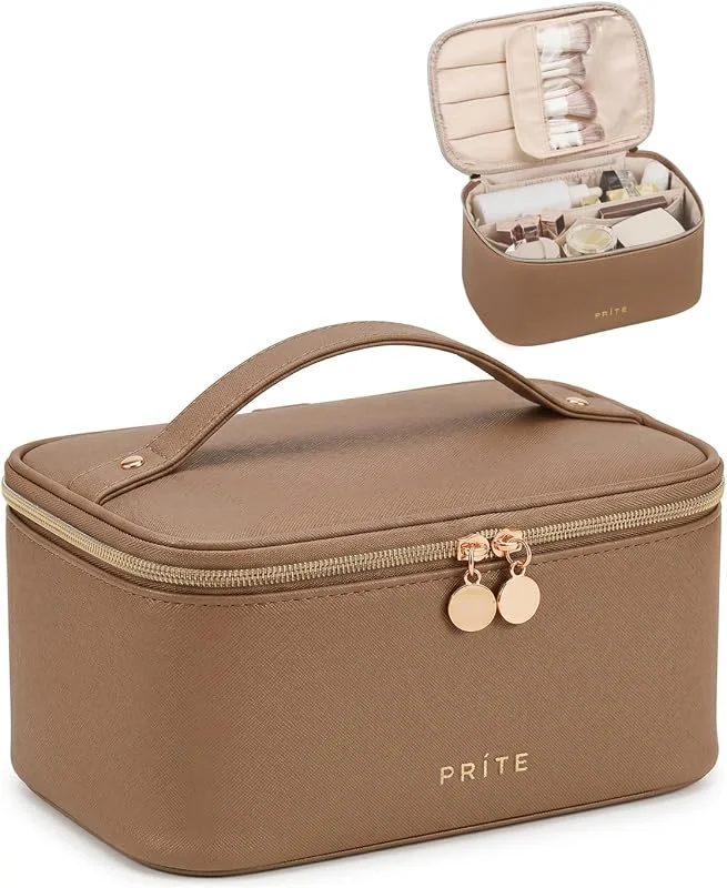 Prite Trousse de Maquillage Femme avec Support à Pinceaux, Marron, Standard