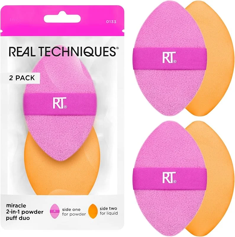 Real Techniques Puff à poudre 2 en 1 Miracle, pouf à maquillage double face, taille normale, bande