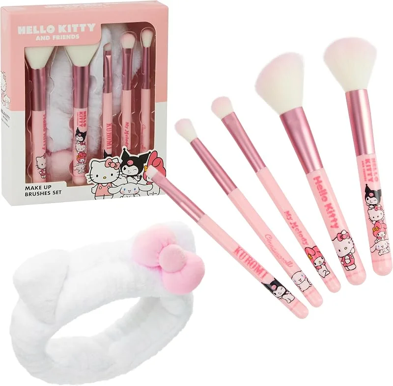 Hello Kitty Set de Pinceaux Maquillage, Lot de 5 Pinceaux avec Bandeau Douillet