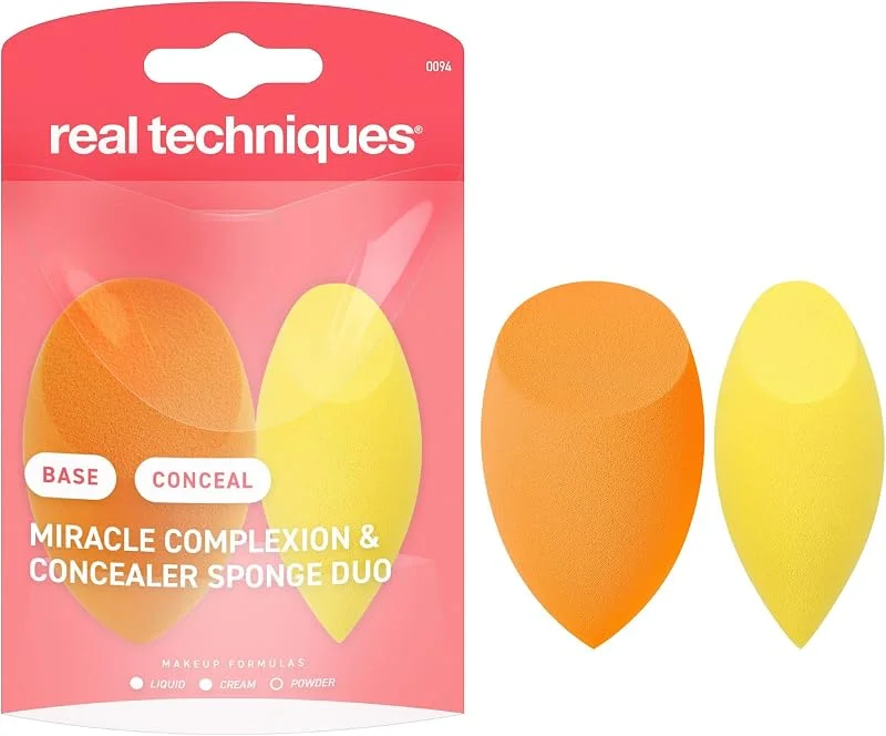 Real Techniques Miracle Houppette à poudre 2 en 1, double face, bande élastique réversible, éponge