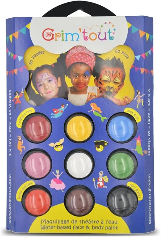 Grim’tout Maquillage à l’Eau 9 Couleurs – Palette Carnaval pour le Grimage avec Éponge et Pinceau