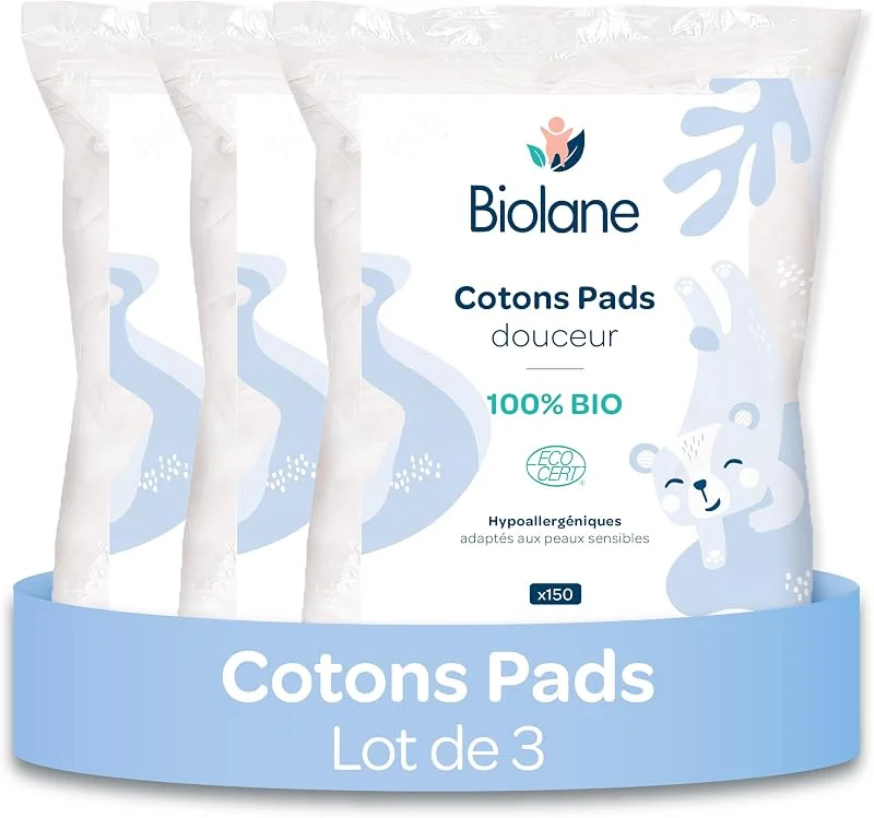 BIOLANE - Lot de 3 Cotons pads douceur - Bébé - 100% Bio - 150 Cotons - Peaux sensibles — Maquillage