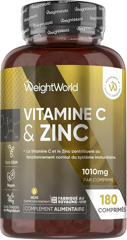 Vitamine C 1000mg avec Citrate de Zinc, 180 Comprimés Vegan Sécables pour 6 Mois — Soin de la peau