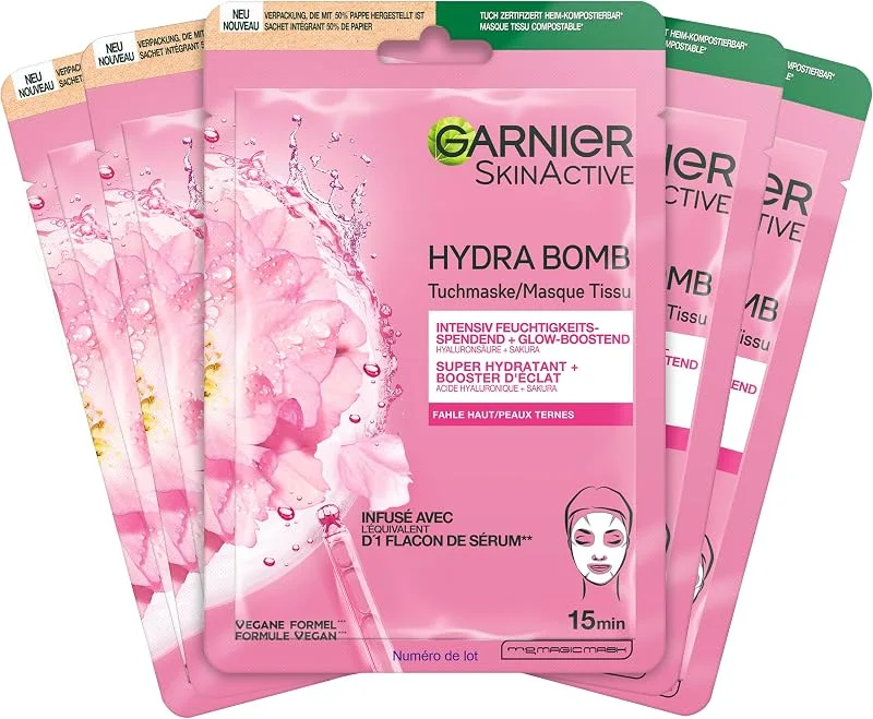 Garnier Hydra Bomb Lot de 5 masques hydratants à l'acide hyaluronique et sakura — Soin de la peau