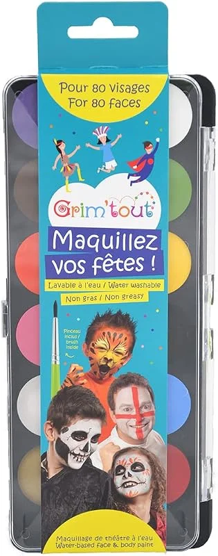 GRIM'TOUT Palette Maquillage Enfant Kermesse - 12 Couleurs - Application Facile Pinceau et Éponge
