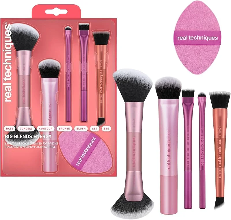 Real Techniques Big Blends Kit 6 pièces avec pinceau Energy + doudoune double face — Maquillage
