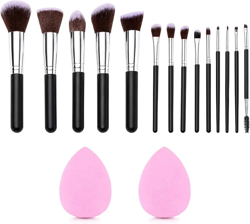 Carehabi Set de pinceaux maquillage, 14 pinceaux + 2 éponges visage et yeux