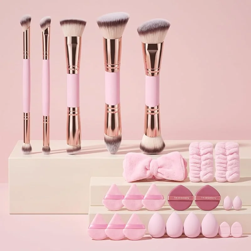Lot de 24 pinceaux de maquillage professionnels, 6 pinceaux anti-cernes à double extrémité, bandeau