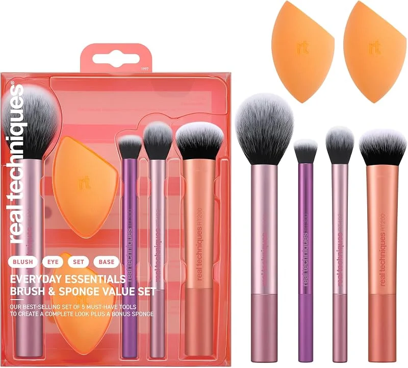 Real Techniques Kit Everyday Essentials, 6 pièces, 4 pinceaux maquillage + 2 éponges teint